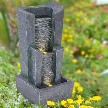 AMUR Gartenbrunnen Brunnen Zierbrunnen Zimmerbrunnen Brunnen mit LED-Licht 230V Wasserfall Wasserspiel für Garten, Gartenteich, Terrasse, Teich, Balkon Sehr Dekorativ 21 x 34 x 61 cm