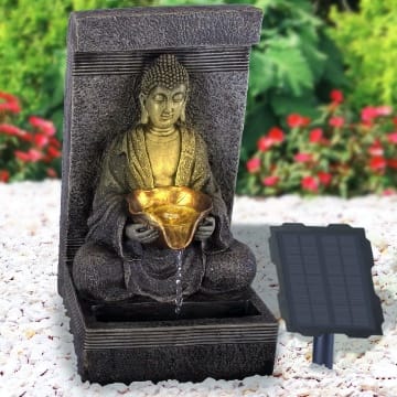 AMUR Solar Gartenbrunnen Brunnen Solarbrunnen Zierbrunnen Wasserfall Zen Ruhe-Quelle lichtgrau Gartenleuchte Teichpumpe für Terrasse, Balkon, mit Pumpen-instant-Start-Funktion mit Liion-Akku & Led-Licht