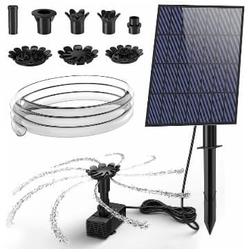 AMZtime 3,5W DIY Solar Springbrunnen mit 1,5M Wasserleitung und Pfahl, Upgrade Solar Teichpumpe Kit Solarbrunnen mit 17 Effekte Solar Wasserpumpe Solar Fontäne für Gartenteich VogelBad Fisch-Behälter