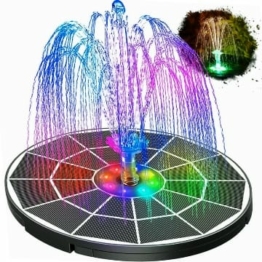 AMZtime 3,5W LED Solar Springbrunnen mit Verstellbaren Stützstangen, Gehärtetes Glas, Bunte LEDs, Runde Solar-Teichpumpe/Solarbrunnen mit 19 Fontänenstilen für Gartenteich, Vogelbad, DIY Wasserspiel