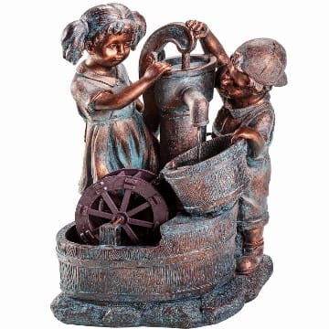 Dehner Gartenbrunnen Lea und Leon mit LED Beleuchtung, ca. 68.5 x 45 x 35 cm, Polyresin, grün/blau/braun