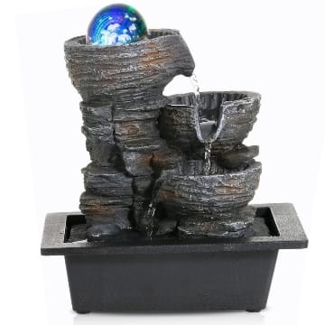 Dyna-Living Zimmerbrunnen Tischbrunnen mit Rollender Kugel, Brunnen Polyresin Springbrunnen LED-Beleuchtung Mehrfarbig, Tischplatte Wasserbrunnen Wasserfall Brunnen, 24 x 19 x 34.5cm