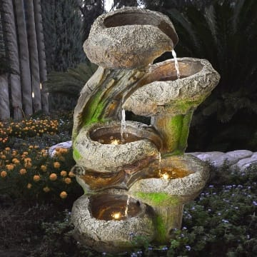 GARTENBRUNNEN BRUNNEN BAUMSTUMPF & STEINSCHALEN mit LED-Licht 230V ZIERBRUNNEN VOGELBAD WASSERFALL GARTENLEUCHTE TEICHPUMPE - SPRINGBRUNNEN WASSERSPIEL für Garten, Gartenteich, Terrasse, Teich