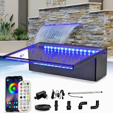 LONGRUN Wasserfall Überlauf APP Kontrolle Mehrfarbig LED-Licht Draussen Pool Brunnen, Acryl Wasser Überlauf Koi Teich Wasserfälle Brunnen Kit für Garten Terrasse Schwimmbad Dekoration -30 cm