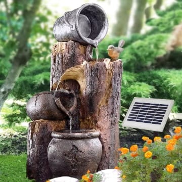 Solar Gartenbrunnen Brunnen BAUMSTUMPF & TONKRÜGE Zierbrunnen Wasserfall Springbrunnen für Terrasse, Balkon, verbessertes Modell mit Pumpen-instant-Start-Funktion mit Li-Ion-Akku & Led-Licht