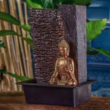 Zen'Light - Zimmerbrunnen Buddha Jati abnehmbar mit gelbem LED-Band - Zen-Dekor Ideal für Meditation und Entspannung - Leise Wasserpumpe - Glücksbrunnen mit geschlossenem Kreislauf - H 40cm