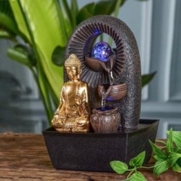 Zen'Light - Zimmerbrunnen Buddha Bhava - Zen-Dekor, Ideal für Meditation & Entspannung - Tischbrunnen mit geschlossenem Kreislauf - Farbwechselnde LED-Beleuchtung, Wasser fließt auf 3 Ebenen - H26cm