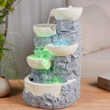 Zimmerbrunnen, Wasserfall, 4 Ebenen, Glas, Naturstein-Effekt, buntes LED-Licht, Innendekoration, Zen und entspannend, Tischbrunnen, außergewöhnliche Geschenkidee, H 31 cm – Ganda Zen'Light, Grau