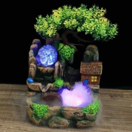 Zimmerbrunnen Wasserfall Tischbrunnen Desktop Bonsai Ornamente Harz Desktop Brunnen Steingarten Ornament mit LED-Licht