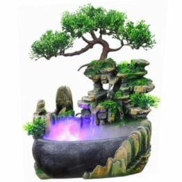 Zimmerbrunnen mit LED Beleuchtung, Tischbrunnen Wasserfall mit Nebel, GartenAquariumHarz Desktop-Brunnen, Zen Light Zimmerbrunnen mit Pflanzen, luftbefeuchter Geschenk Dekoration 20 x 20 x 13 cm