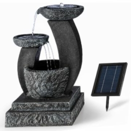 blumfeldt Fantaghiro Zierbrunnen mit Wasserspiel - Gartenbrunnen, 3 Ebenen, integrierte Beleuchtung, 3 W Solarpanel, unabhängig vom Stromnetz Dank Akku, Polyresin, Granitstein-Optik, schwarz