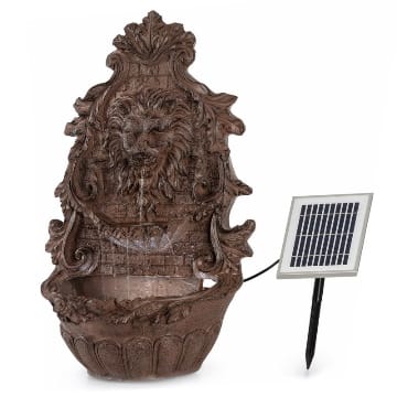 blumfeldt Löwenstein Wandbrunnen Gartenbrunnen Solarbrunnen, Löwenkopf-Optik, 2W Solar-Pumpe, Material: Polyresin, 4 weiße LED-Lichter, 5m Kabel, Solarpanel mit Lithium-Akku, Steinnachbildung, rost